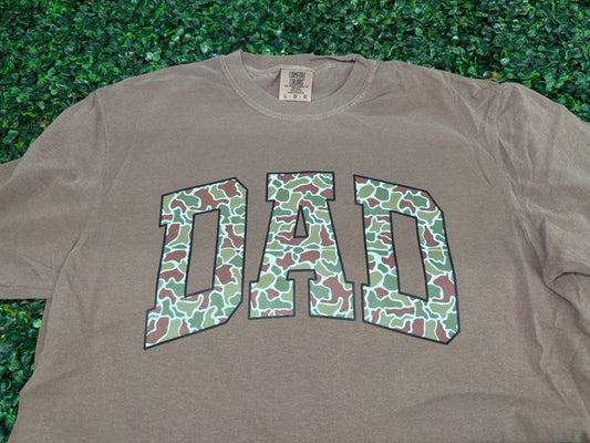 "Dad" in Camo on Comfort Color Espresso Tee